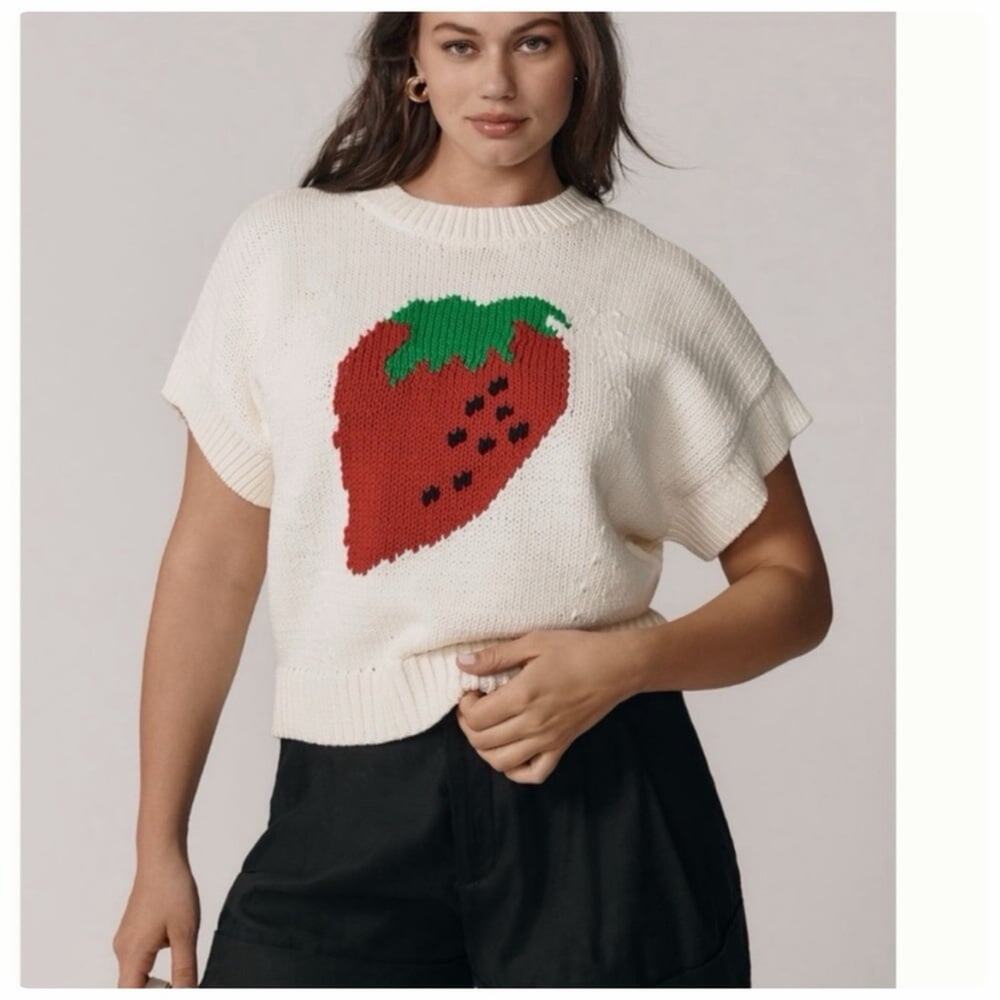 Anthropologie Maeve Pippa Cap Sleeve Strawberry Graphic Sweater XL